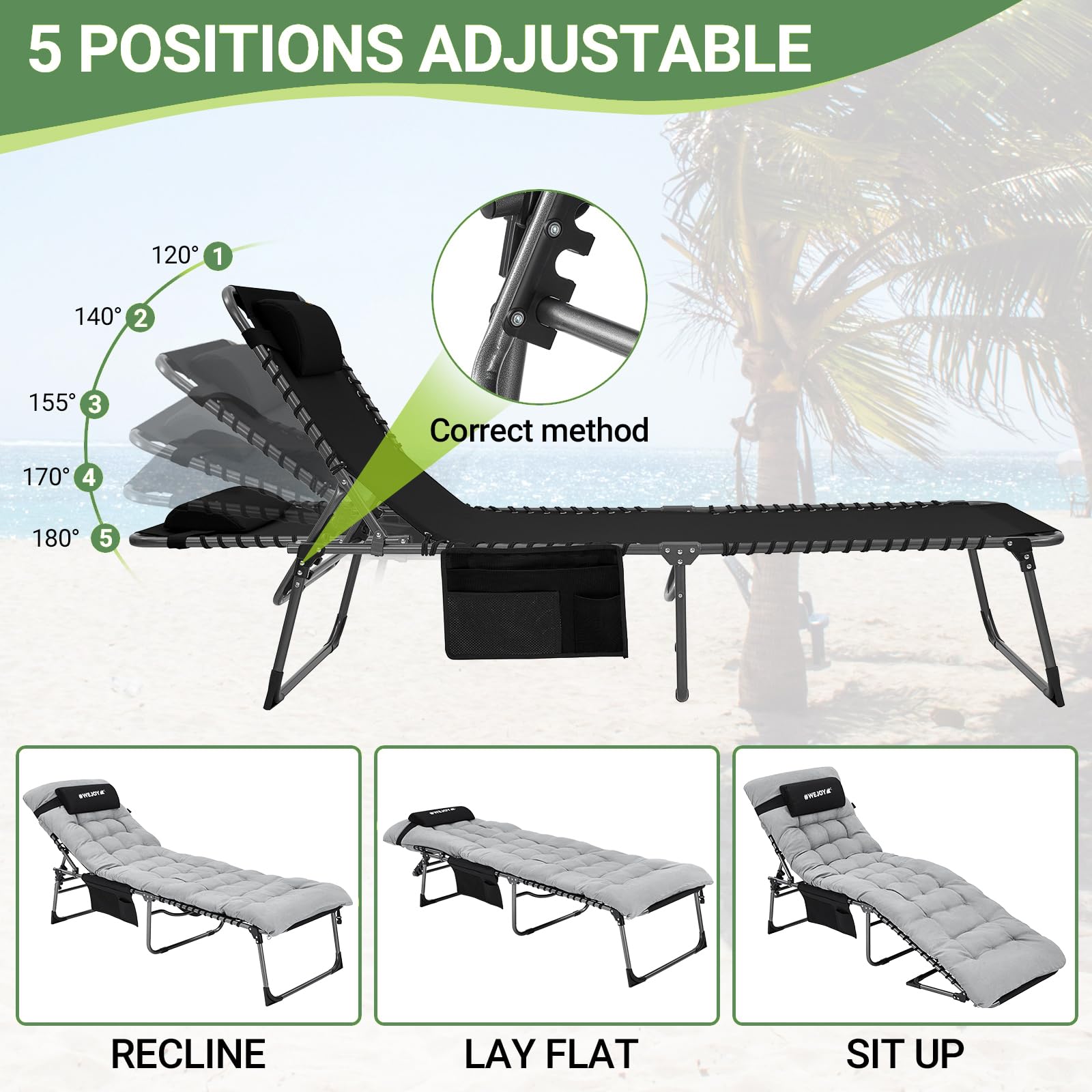 Adjustable 4-Position Adults Reclining Folding Chaise with Pillow, Fol